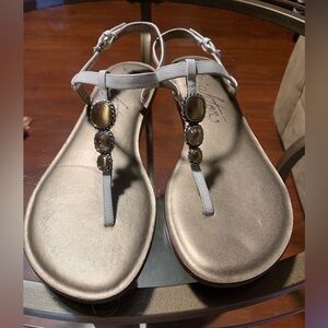 Brighton Gold-Tone Gem T-Strap Sandals with White Straps